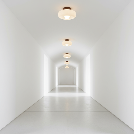 Vintage Plafondlamp in Wit met Hout- en Glaselementen voor Slaapkamer en Kleine Ruimtes - E27 Fitting, D20cm x H16cm 1