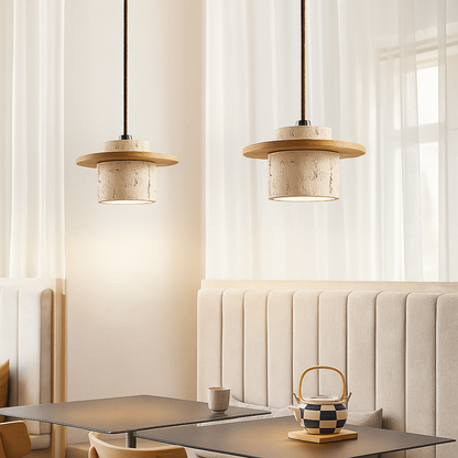 Hanglamp van Travertin en Hout met Verstelbare Kabel – Retro Eetkamer en Woonkamer Lamp voor Binnengebruik 2