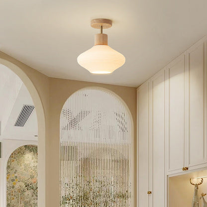 Moderne Plafondlamp van Walnoot en Glas – Compacte Plafonniere voor Slaapkamer en Woonkamer met E26 Fitting 0