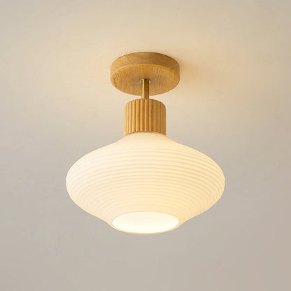 Moderne Plafondlamp van Walnoot en Glas – Compacte Plafonniere voor Slaapkamer en Woonkamer met E26 Fitting 4