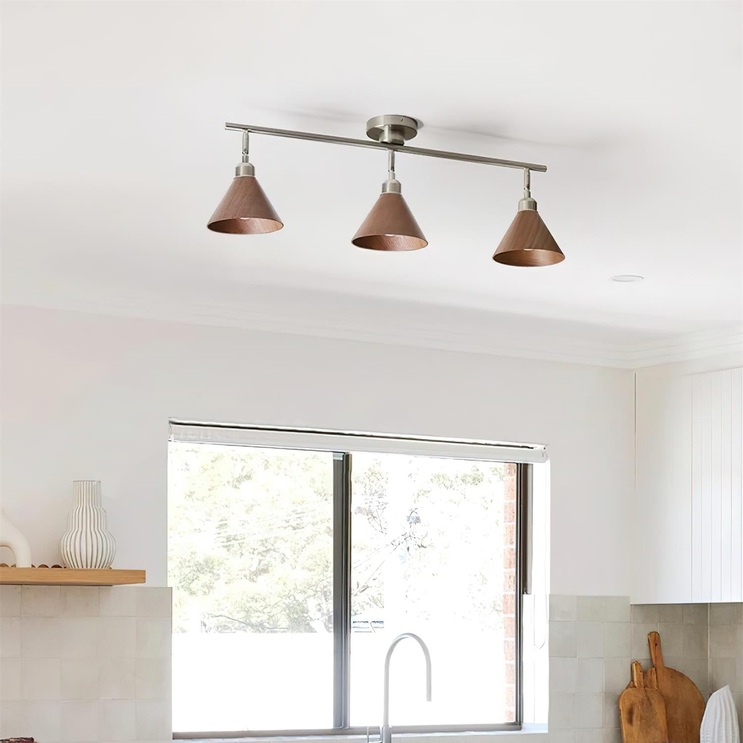 Moderne Zwarte Plafondlamp met Verstelbare Houten Kappen en Metalen Frame voor Keuken en Eetkamer 4