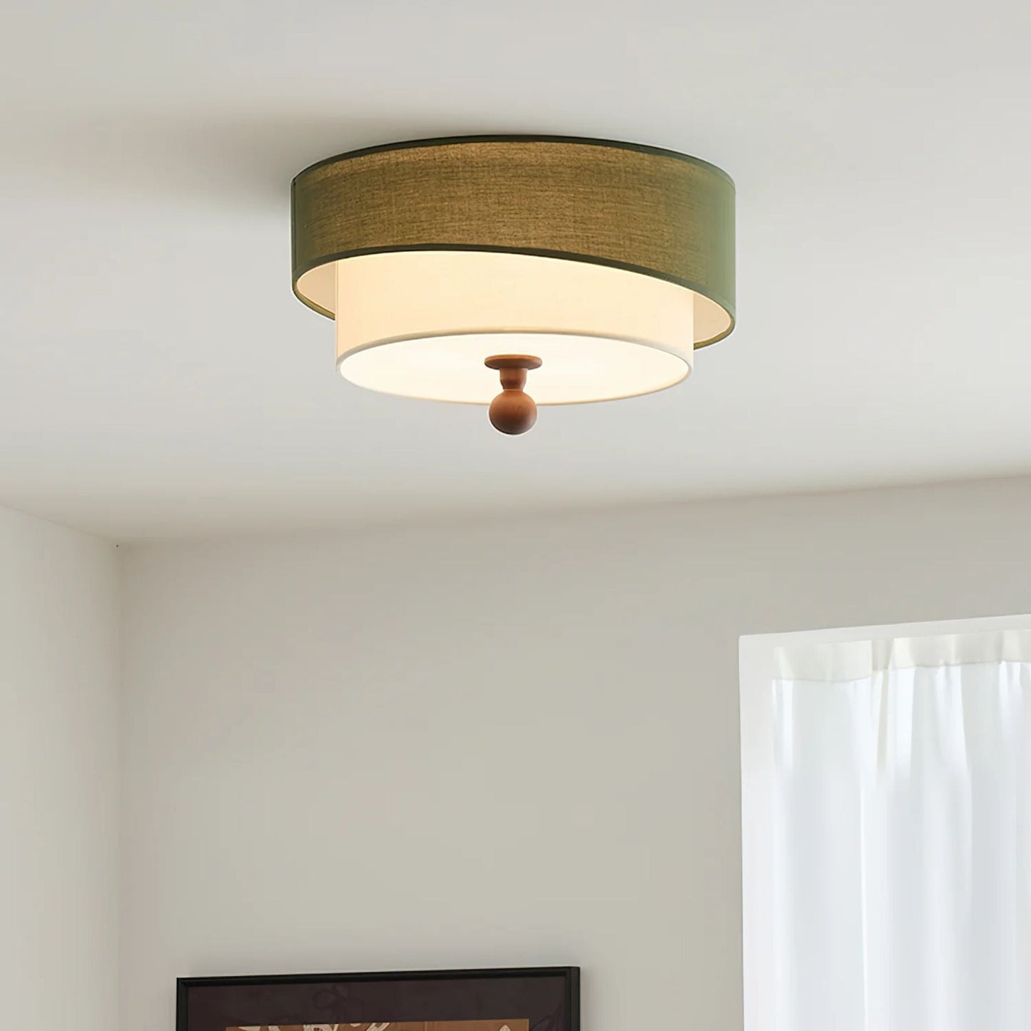 Olijfgroene Plafondlamp met Houten Detail – Retro en Moderne Plafonniere voor Slaapkamer en Interieur 6