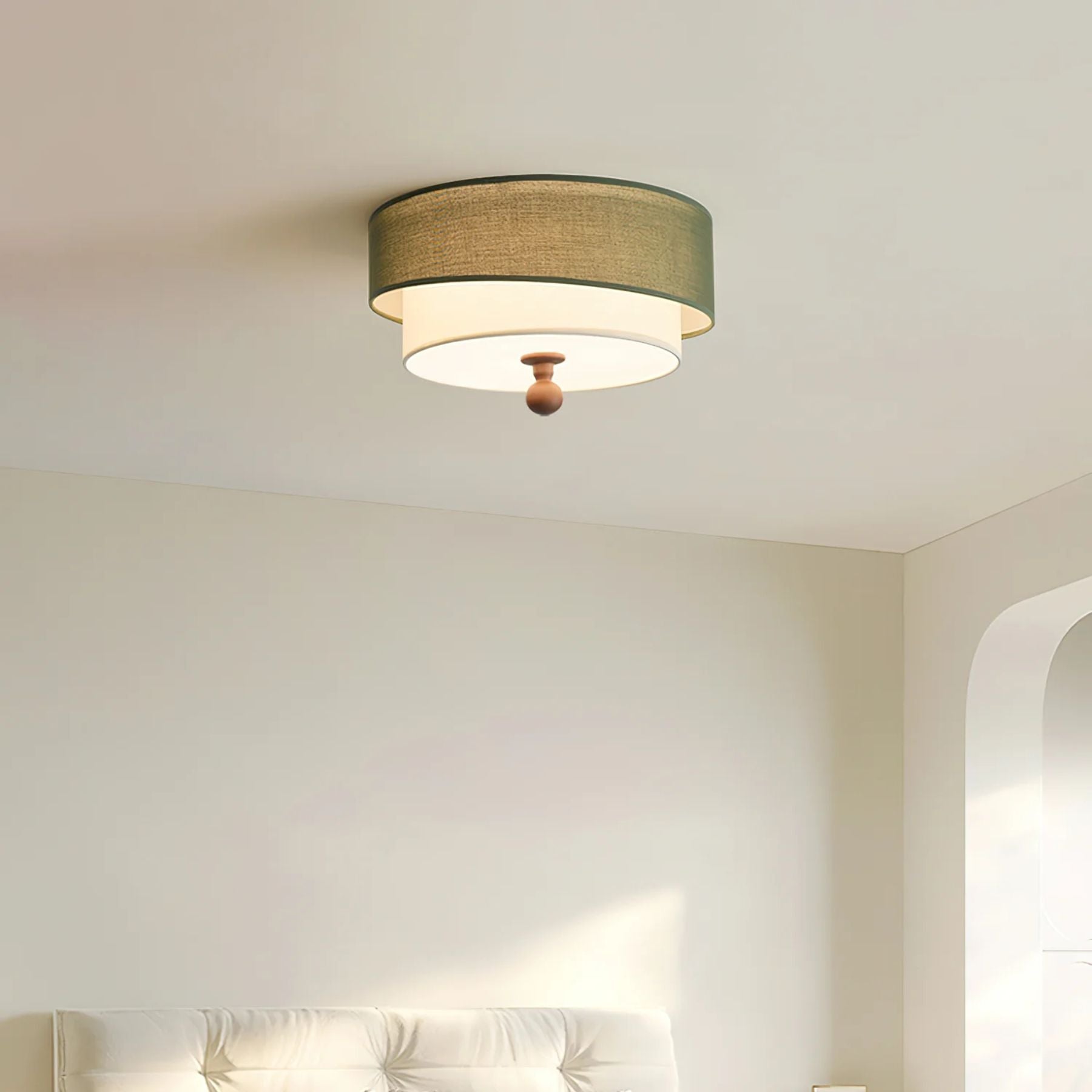 Olijfgroene Plafondlamp met Houten Detail – Retro en Moderne Plafonniere voor Slaapkamer en Interieur 7