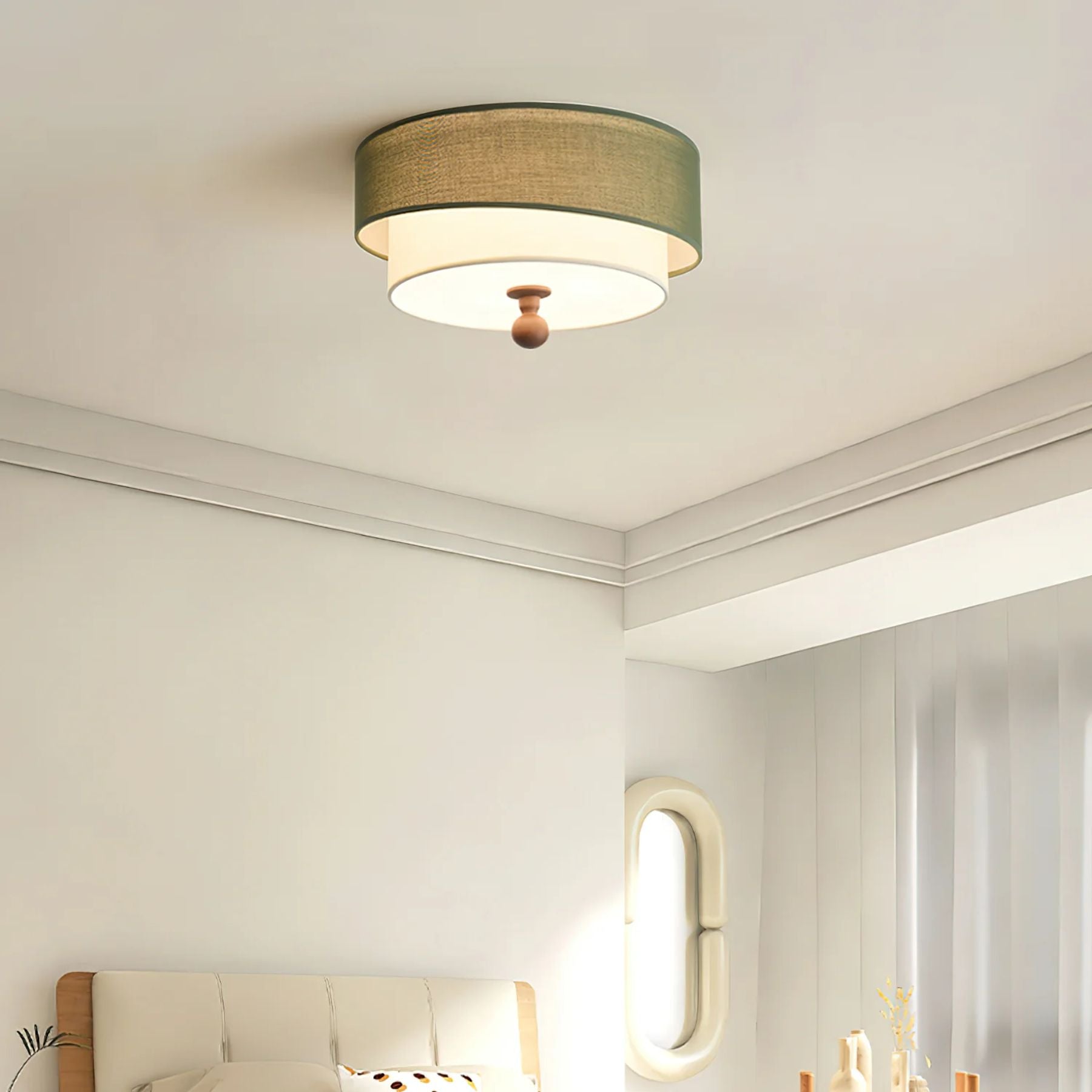 Olijfgroene Plafondlamp met Houten Detail – Retro en Moderne Plafonniere voor Slaapkamer en Interieur 8