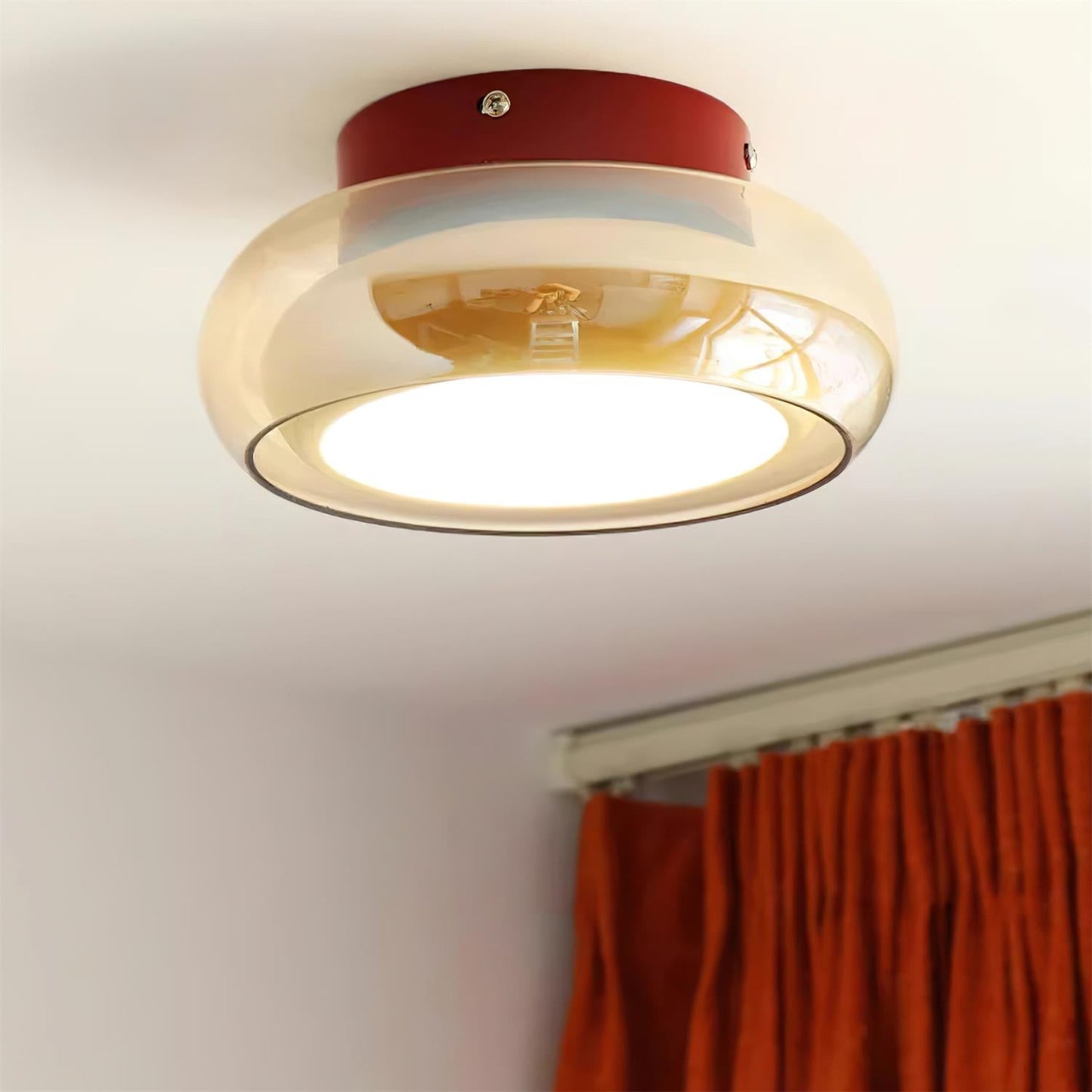 Retro Glazen Plafondlamp Cognackleur met Kersenrode Band – Sfeervolle Plafonnière voor Slaapkamer en Woonkamer 2