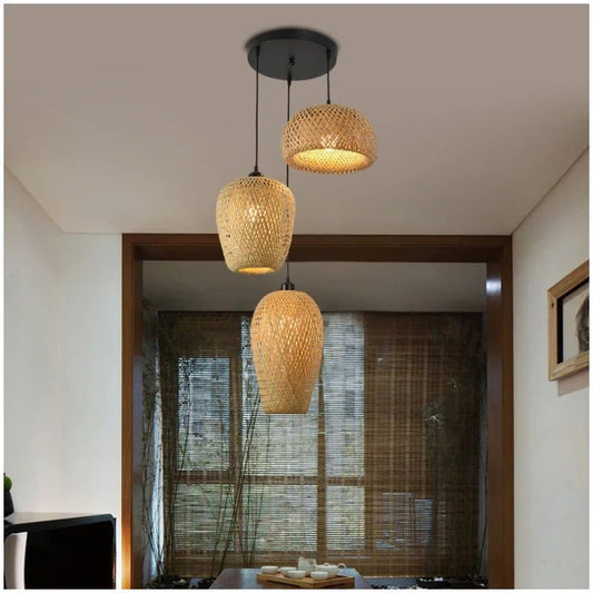 Set van 3 Rotan Hanglampen van Bamboe voor Woonkamer en Slaapkamer - Natuurlijke Verlichting met Bohemian Touch 1