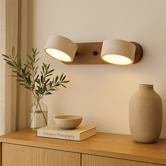 Travertin Wandlamp met LED Verlichting voor Badkamer en Slaapkamer – Modern Muurlamp van Natuursteen en Hout 1
