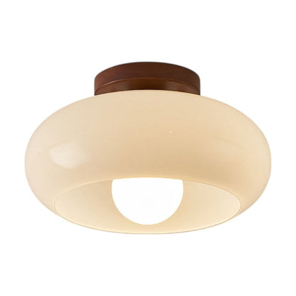 Vintage Plafondlamp in Wit met Hout- en Glaselementen voor Slaapkamer en Kleine Ruimtes - E27 Fitting, D20cm x H16cm 0