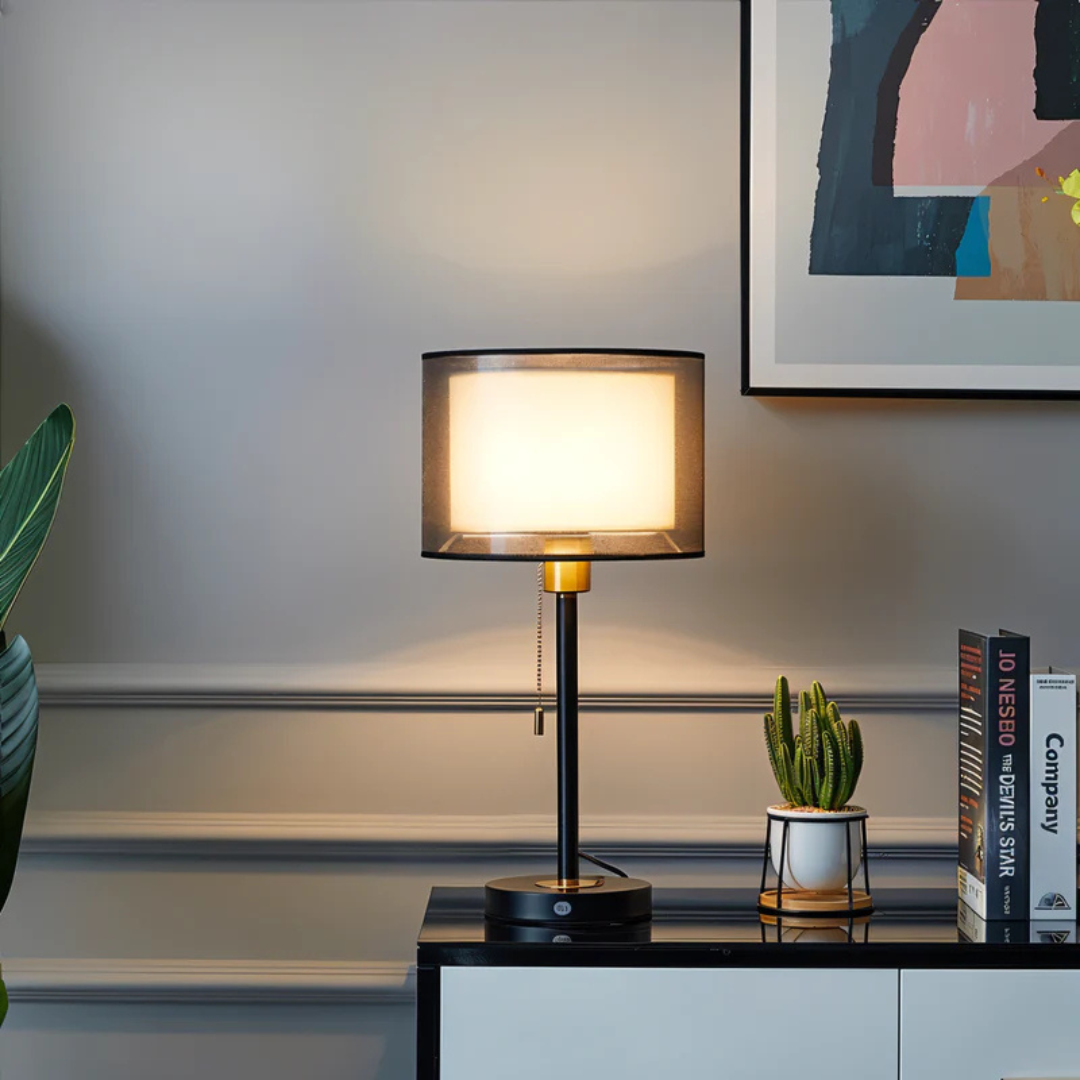 Vintage Tafellamp met Dubbele Stoffen Kap – Gezellig Nachtkast Lampje voor Slaapkamer en Woonkamer 2