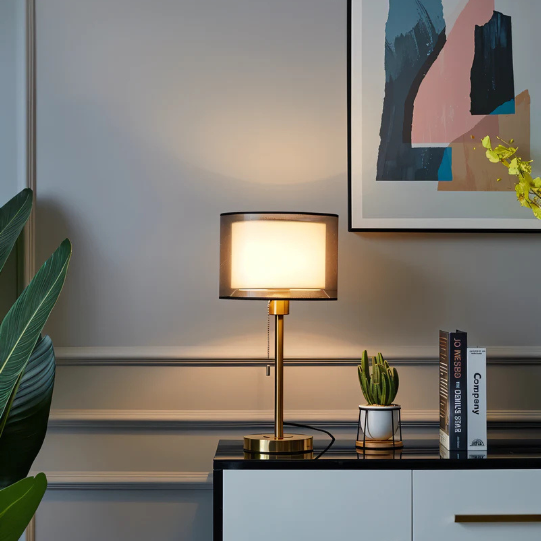 Vintage Tafellamp met Dubbele Stoffen Kap – Gezellig Nachtkast Lampje voor Slaapkamer en Woonkamer 4